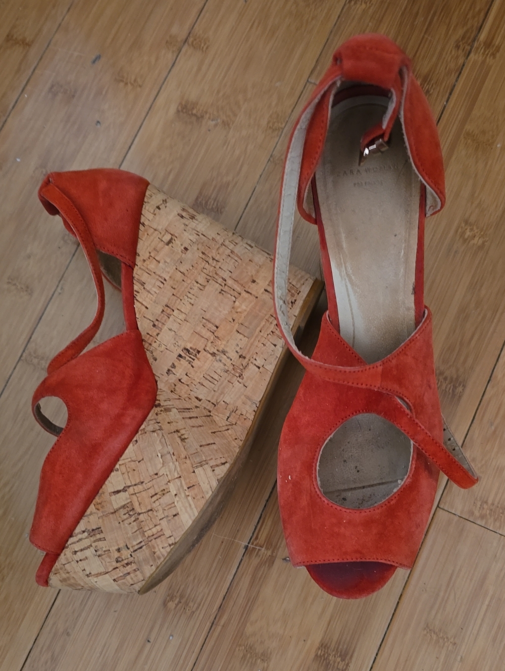 Zara Red-Orange Suede Cork Wedge Sandals with Ankle Strap